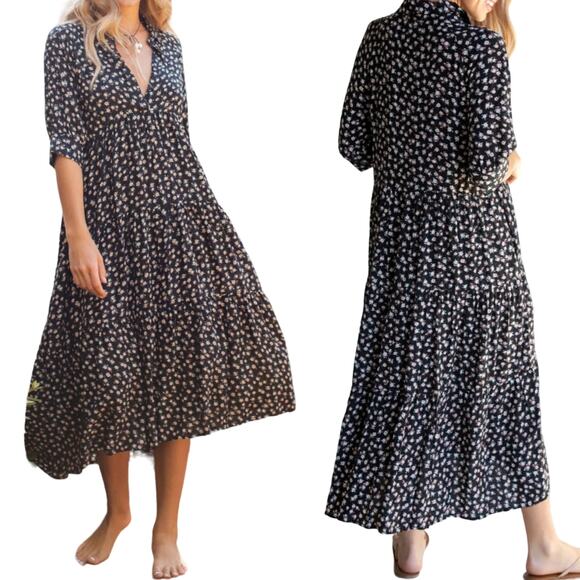 NATURAL LIFE Dresses & Skirts - Natural Life Rebecca Midi Dress Floral Print Short Sleeve Tiered Black Womens XL